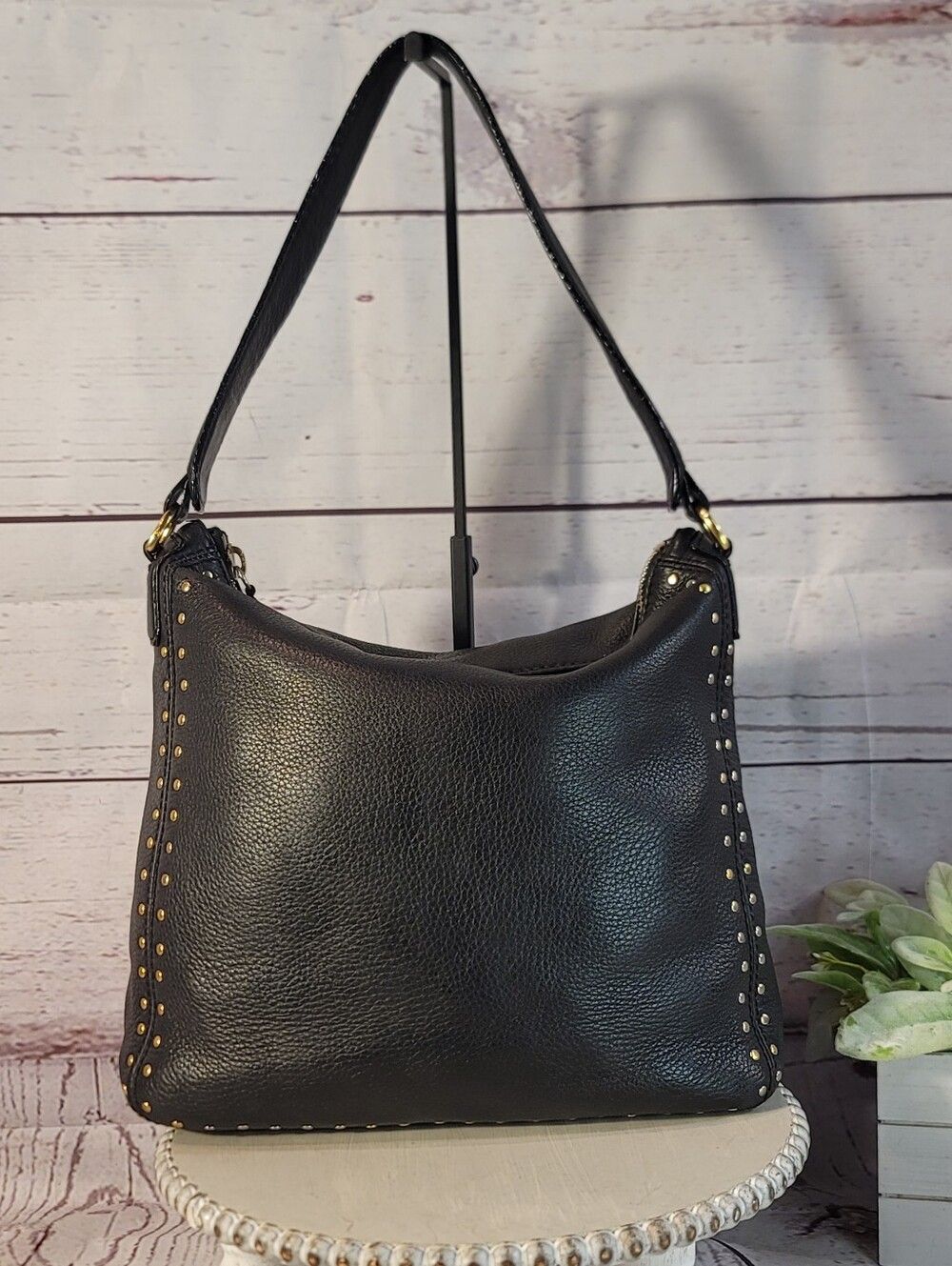 Michael Kors Black Pebbled Leather Aria Studded Slouchy Hobo Shoulder Handbag